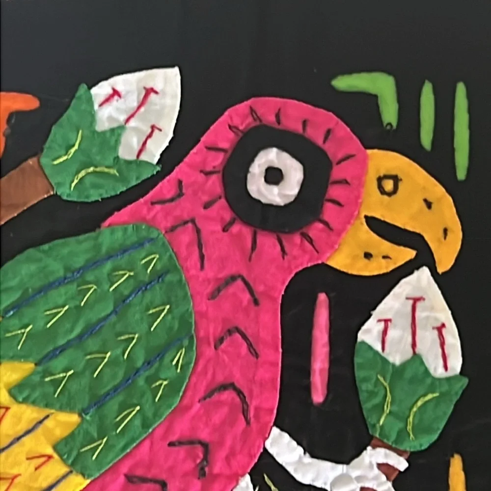 Vintage Mola Colorful Parrot Made in Panama Black Pink Yellow Green